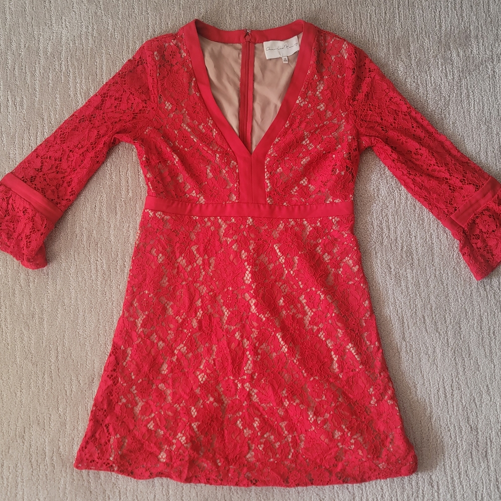 Charles Henry Vibrant Red Lace Long Sleeve Dress